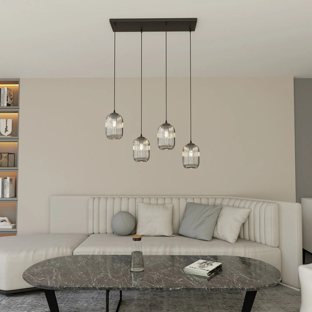 Lampadario 4 Luci Selene In Acciaio Nero E Vetri Plissettati Fumè