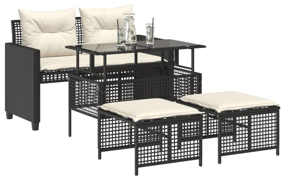 Set divani da giardino 4 pz con cuscini nero polyrattan vetro
