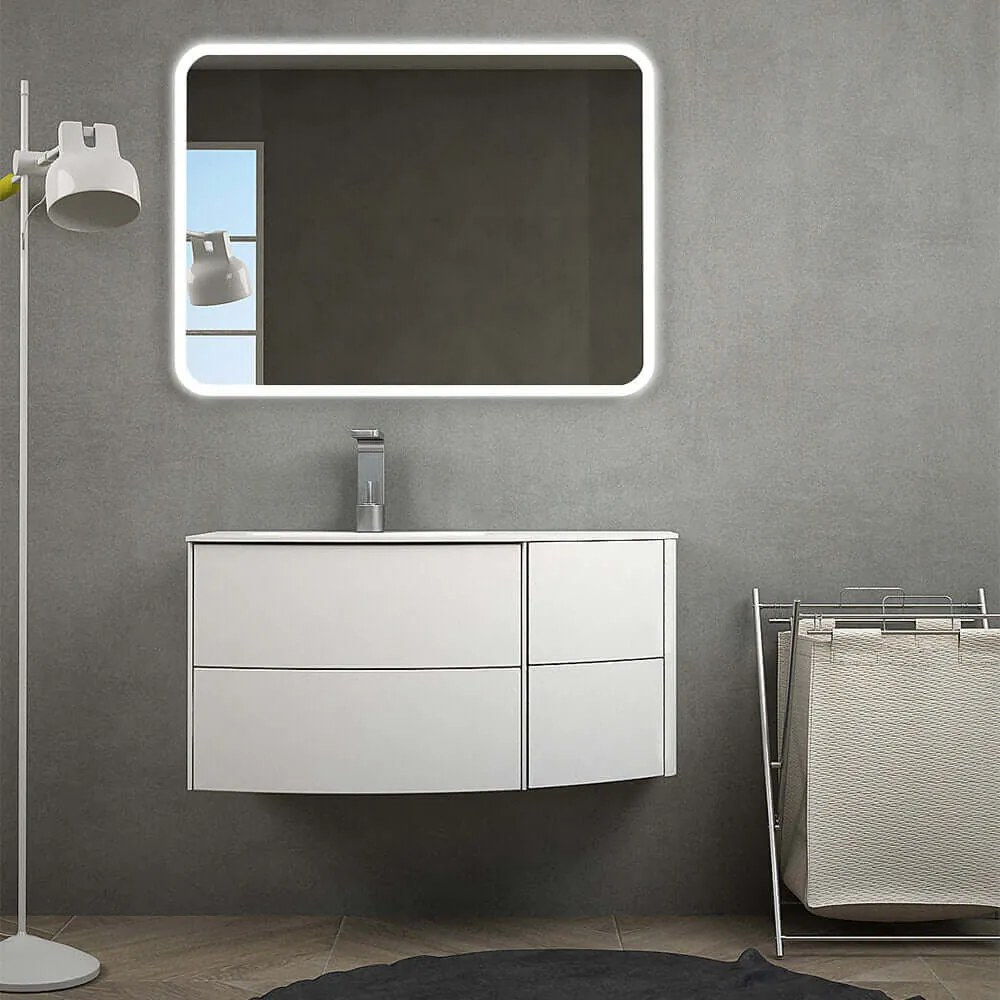 Mobile bagno Rio 90 Bianco opaco sospeso asimmetrico design curvo con lavabo a sinistra