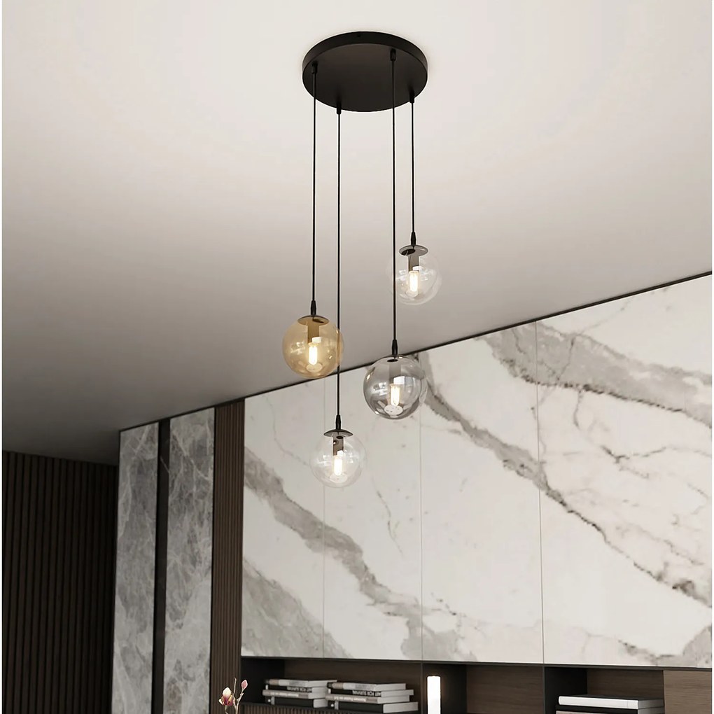 Sospensione 4 Luci Kali In Acciaio Nero Base Tonda E Sfere In Vetro Multicolor