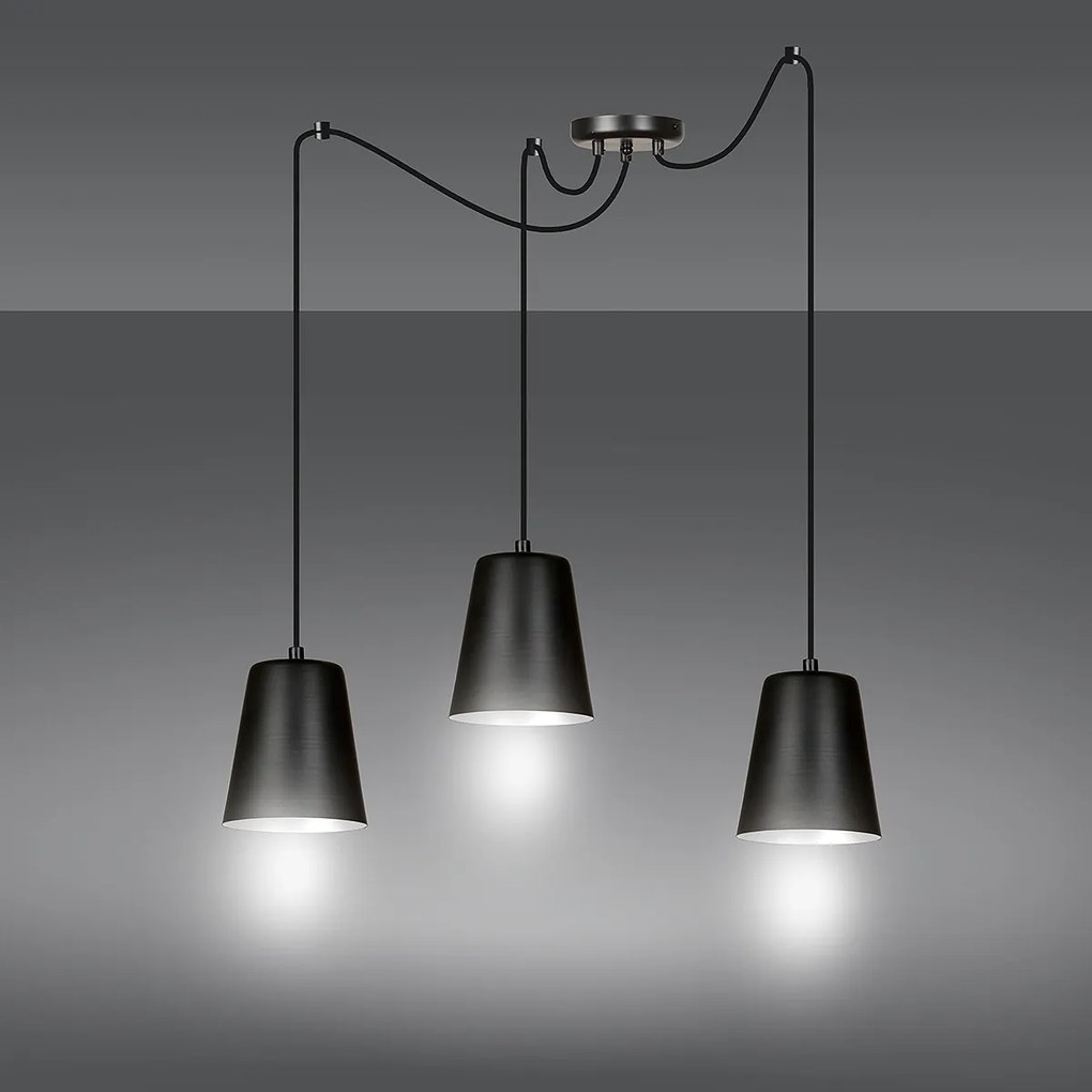 Lampadario 3 Luci Link In Acciaio Nero Cavo Lungo E Paralumi Cono Nero E Bianco