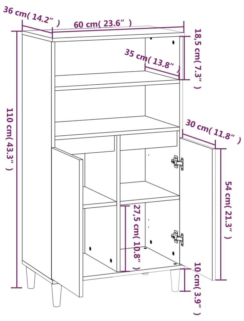 Credenza Bianco Lucido 60x36x110 cm in Legno Multistrato