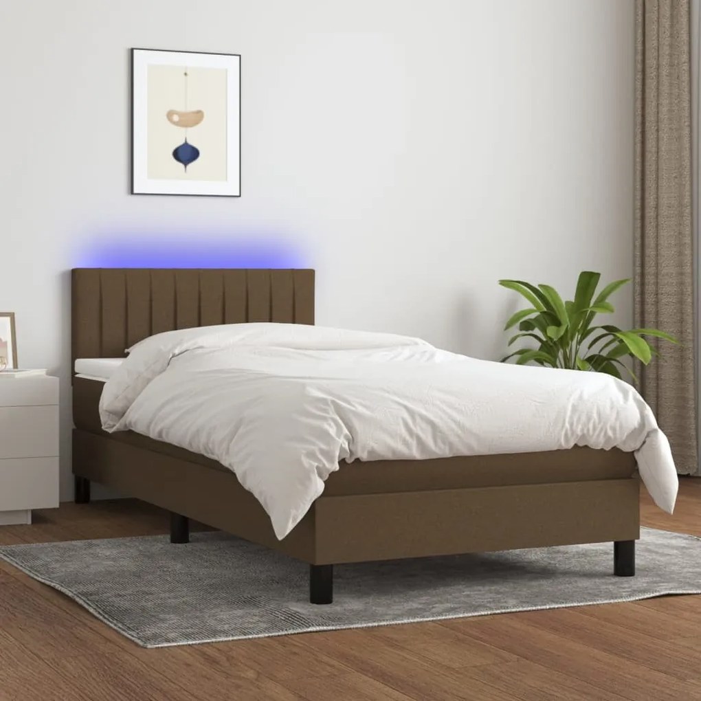 Letto a molle materasso e led marrone scuro 80x200cm in tessuto