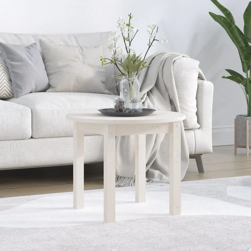 Tavolino Da Salotto Bianco Ø 55x45 Cm İn Legno Massello Di Pino /