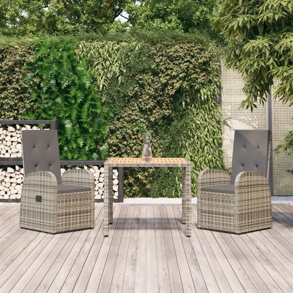 Set Da Pranzo Da Giardino 3 Pz Con Cuscini İn Polyrattan Grigio /
