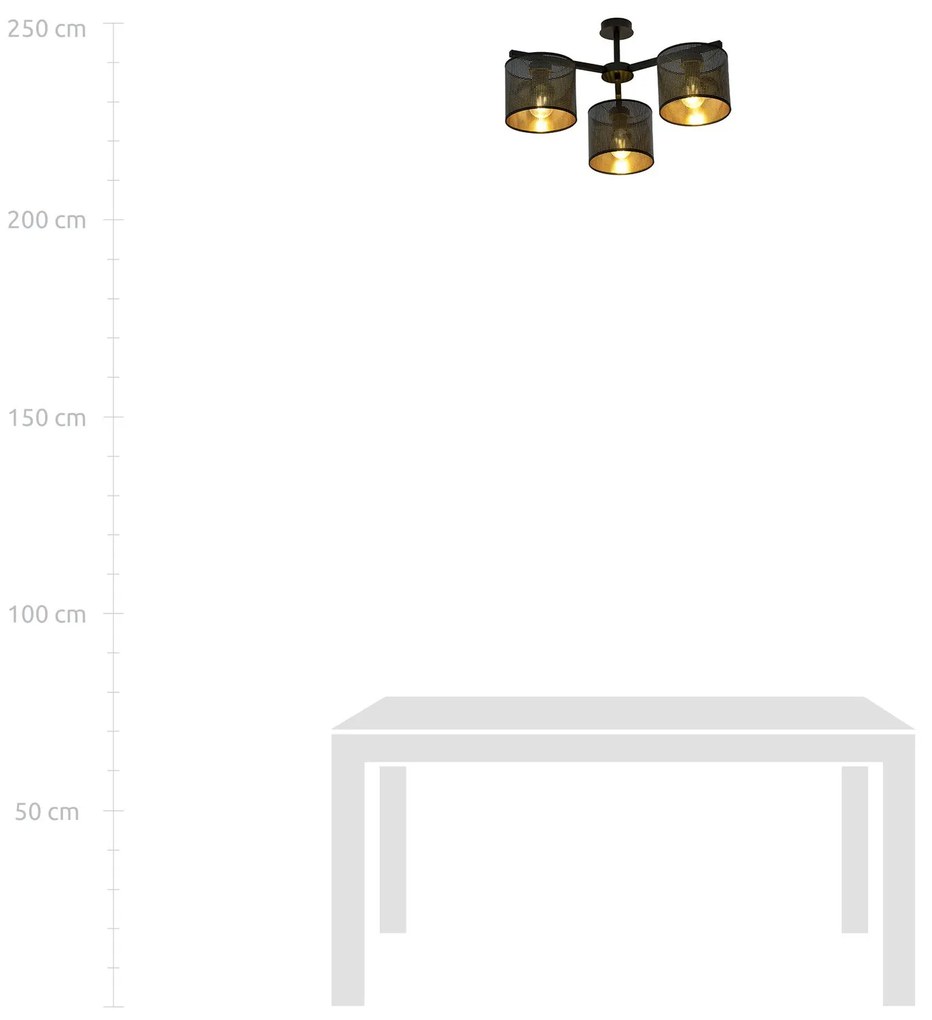 Plafoniera Industrial 3 Luci Jordan In Acciaio Nero E Paralumi A Cilindro Oro