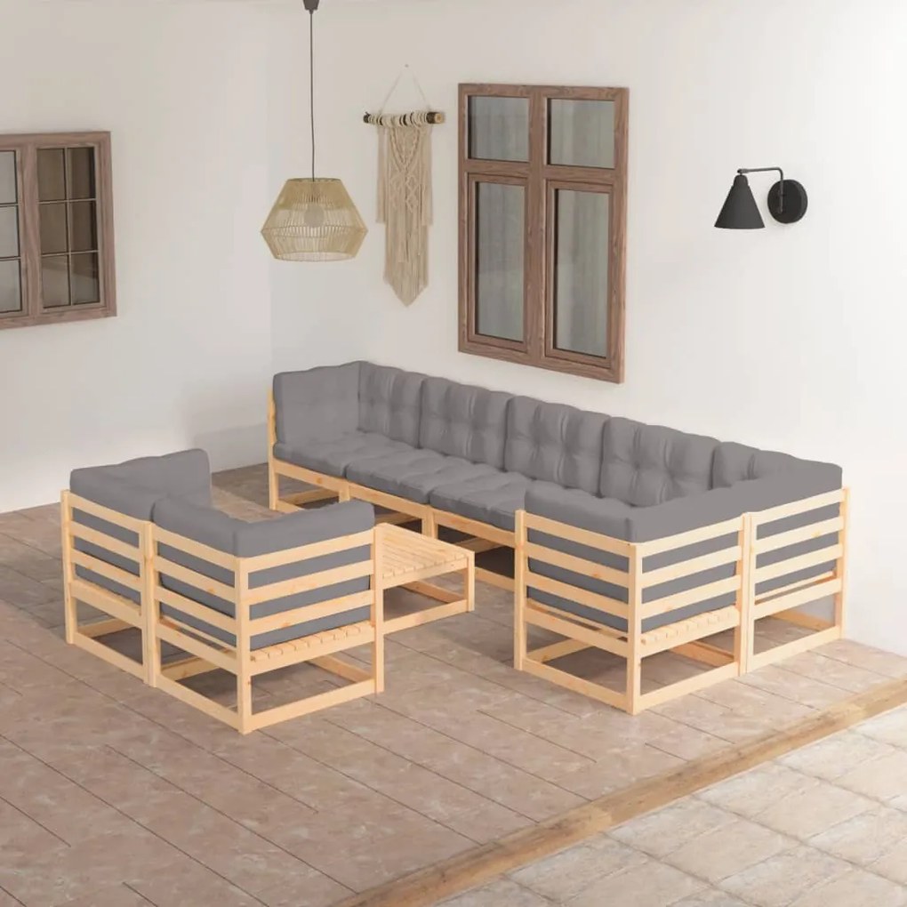 Set divani da giardino 9 pz con cuscini legno massello di pino