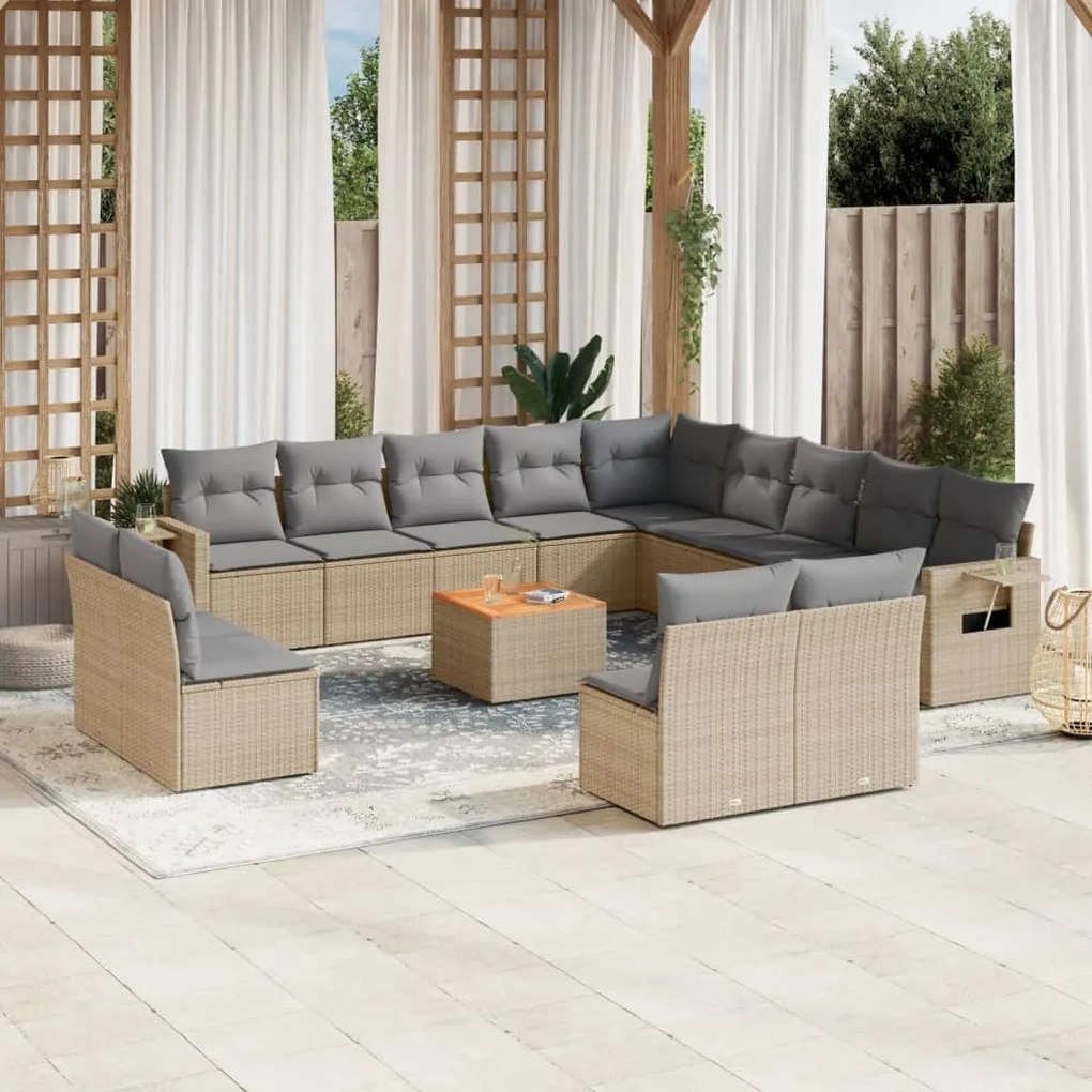 Set divani da giardino 14pz con cuscini in polyrattan beige