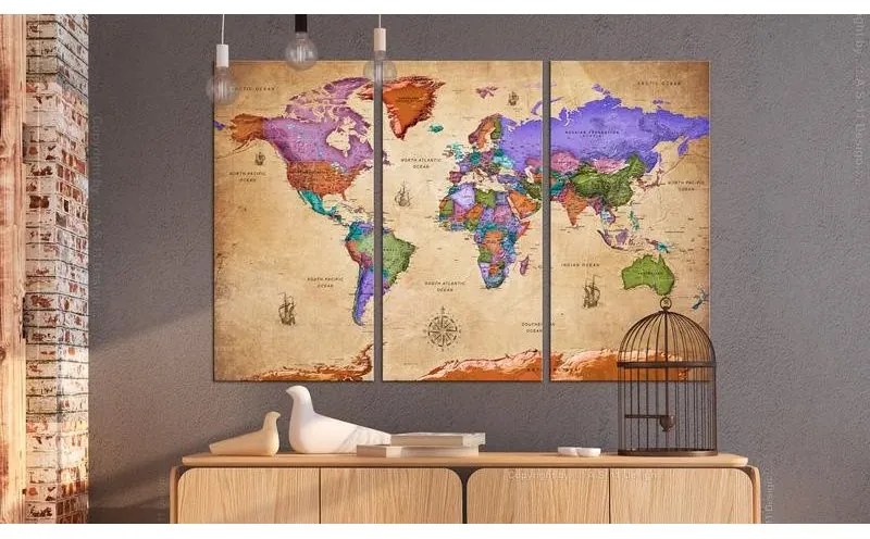 Quadri di sughero  Colourful Travels (3 Parts) [Cork Map]  Larghezza x Altezza Home decor 120x80