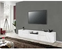 Mobile da soggiorno Porta TV, Made in Italy, Credenza per TV da salotto a 4 ante geometriche e 1 cassetto, Cm 220x43h46, Bianco lucido