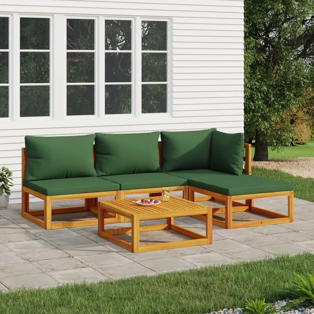 Set salotto da giardino 5pz con cuscini verdi legno massello