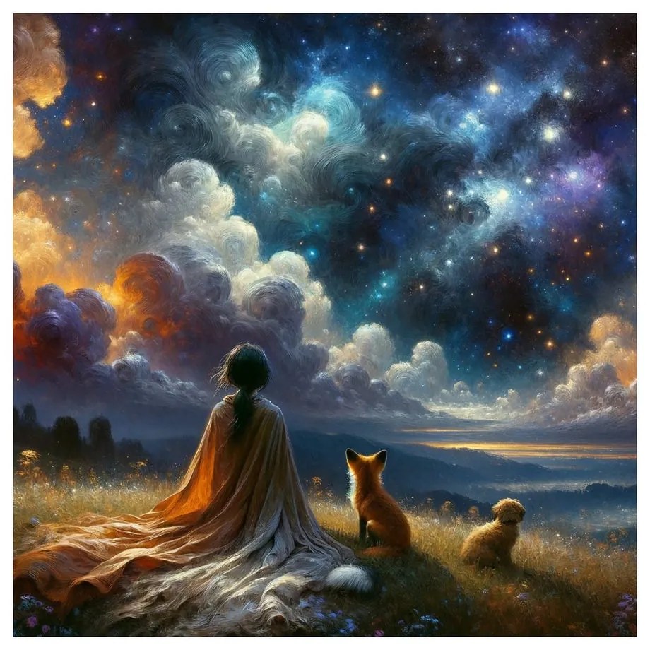 Quadro su tela – Figura con volpe e cane