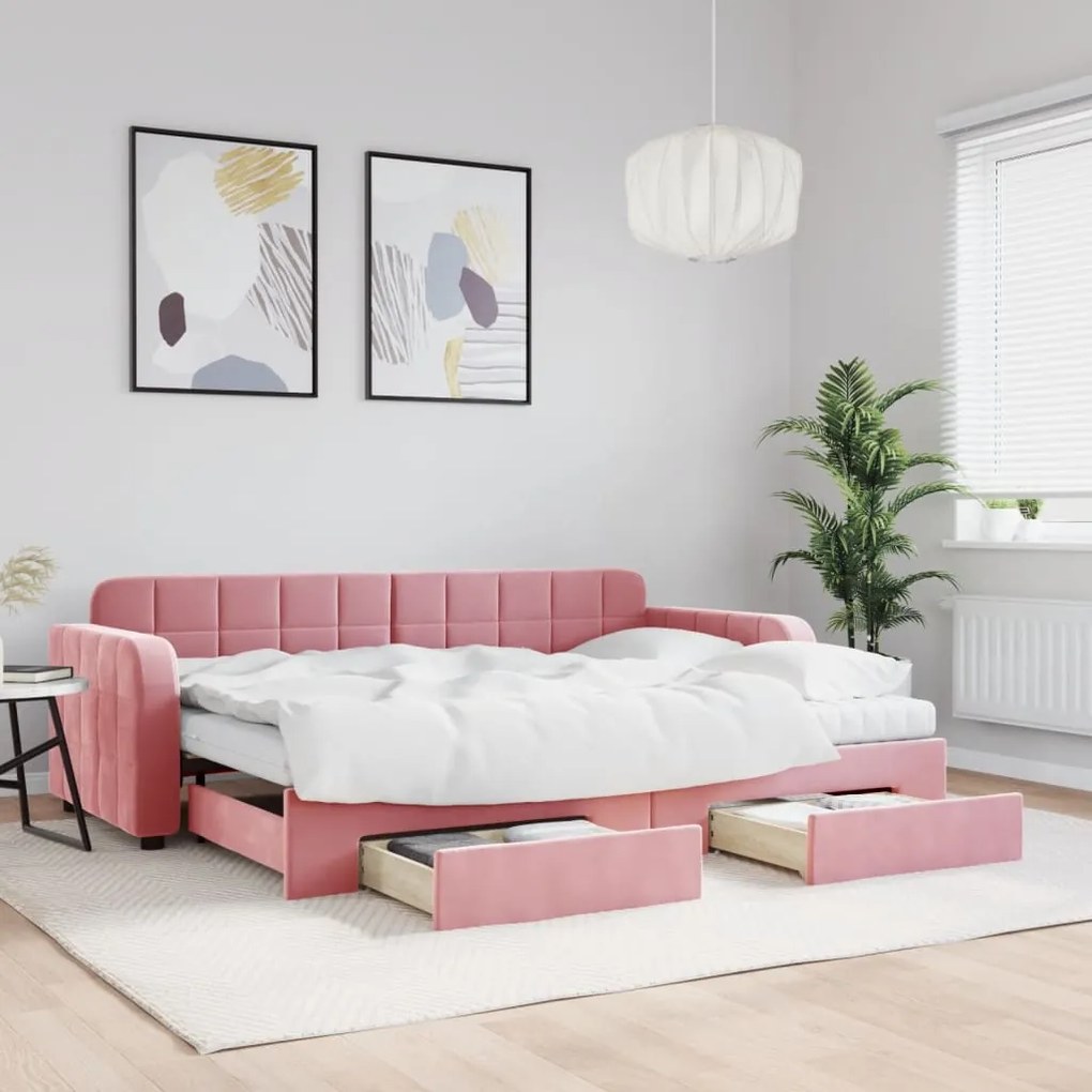 Divano Letto Estraibile Con Cassetti Rosa 80x200 Cm Velluto /