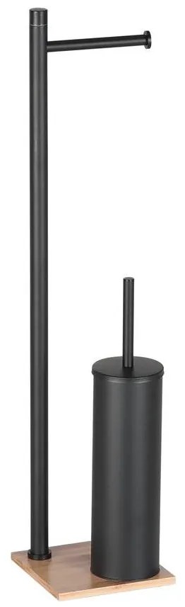 Gedy - Scopino WC da terra con porta rotolo TRILLY nero opaco/bambù