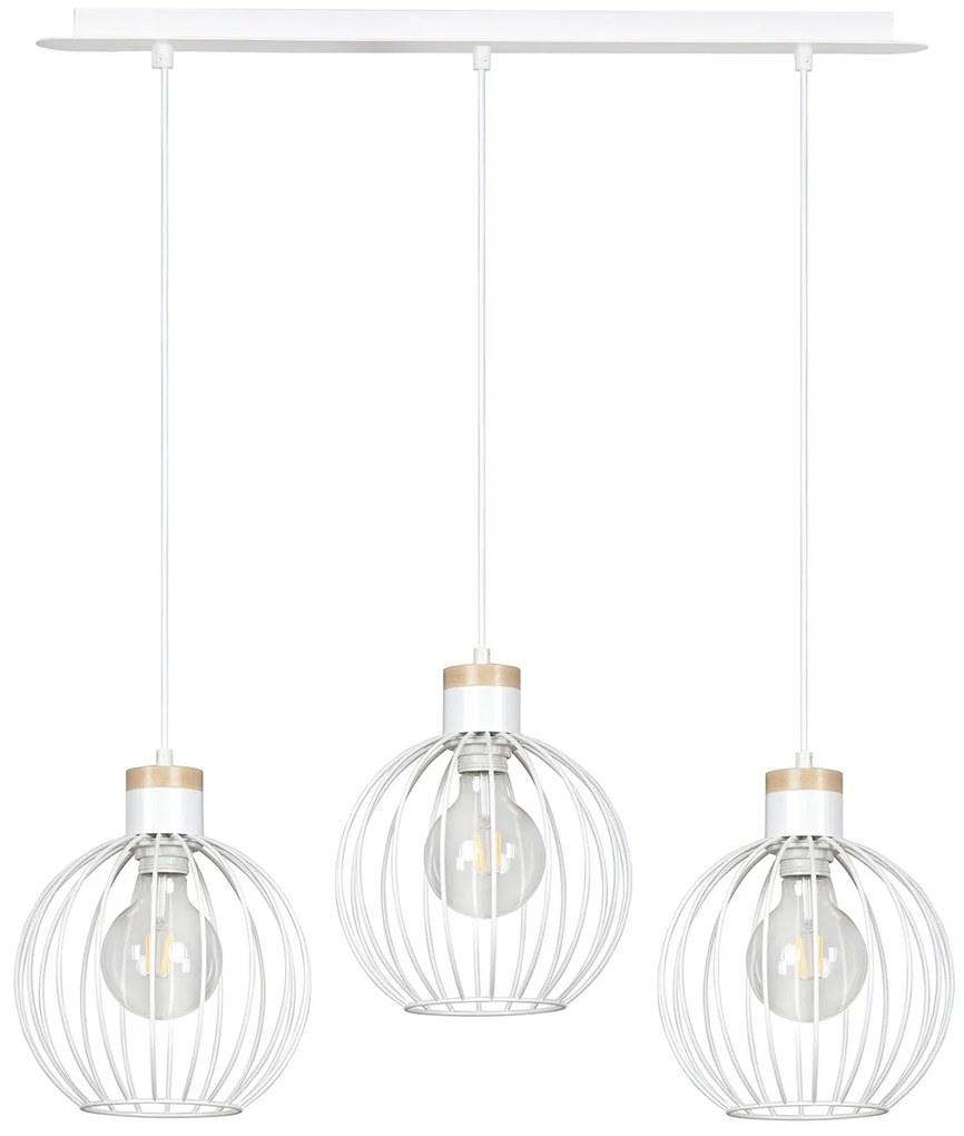 Lampadario 3 Luci Morgana Paralumi A Gabbia In Acciaio Bianco E Legno Naturale