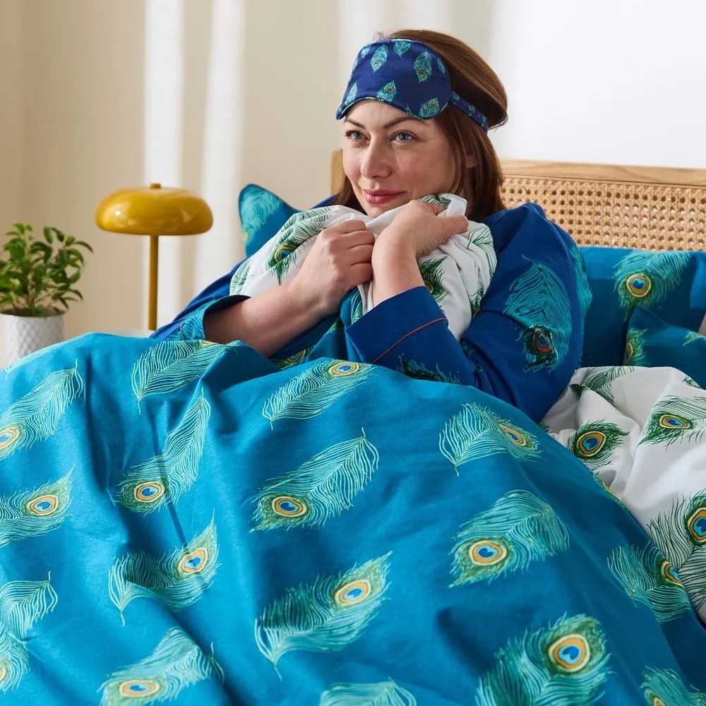 Set copripiumino e federa bianco e color foglia di tè in cotone per letto singolo 135x200 cm Peacock Feather – Their Nibs