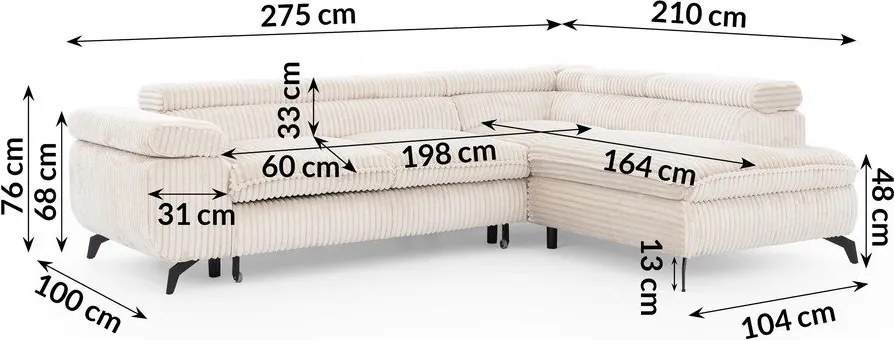 Divano angolare color crema (con penisola a destra/a L) con rivestimento in velluto a coste Marbeya – Ropez