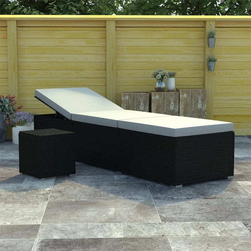Lettino Prendisole Con Cuscino E Tavolino İn Polyrattan Nero /