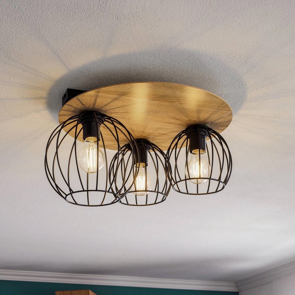 SIGMA Plafoniera Malin, schermo in legno rotondo, 3 luci