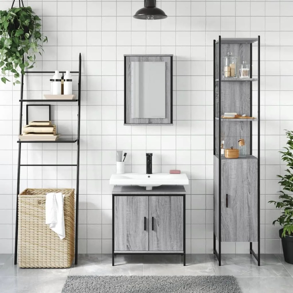 Set mobili da bagno 3 pz grigio sonoma in legno multistrato