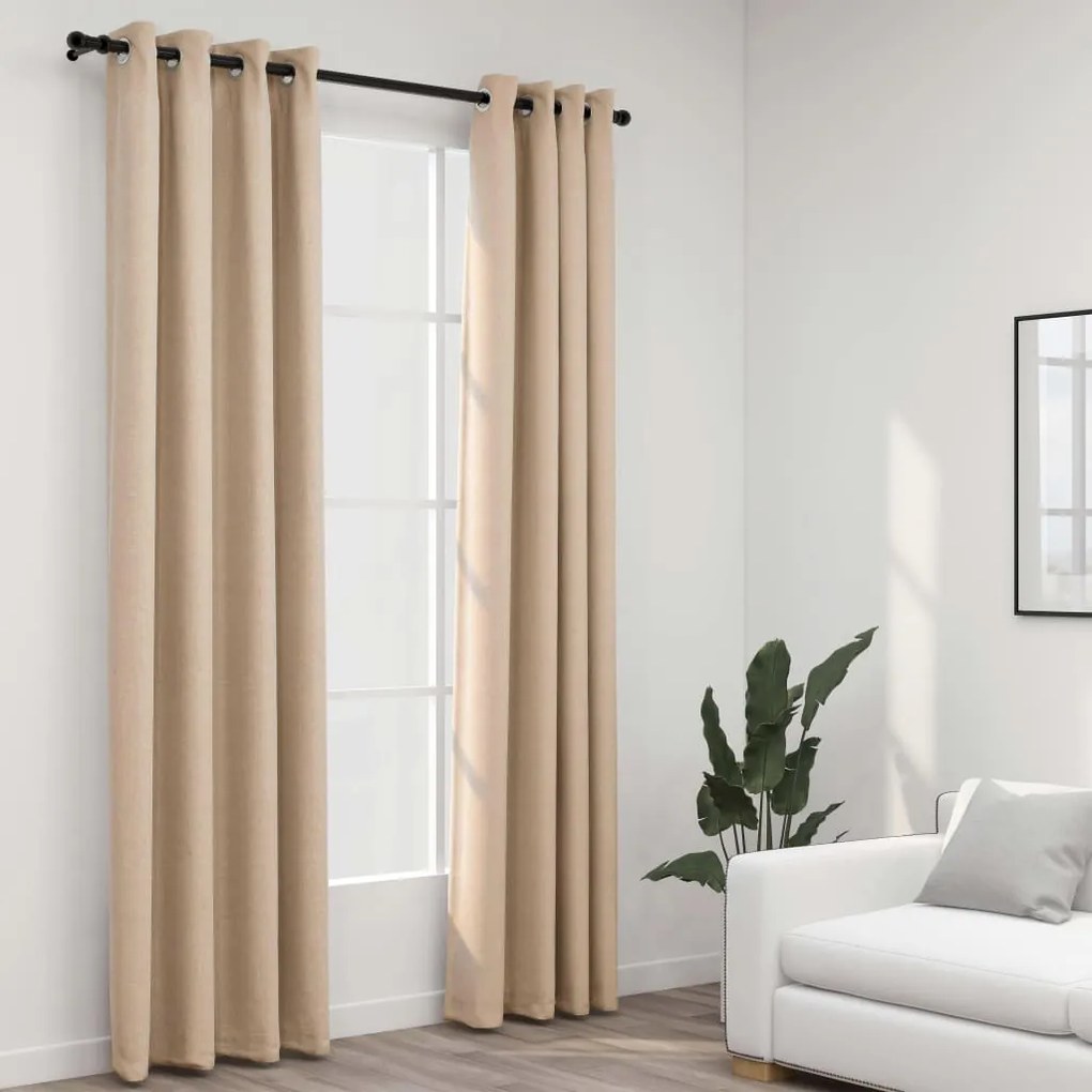 Tende Oscuranti Effetto Lino Con Occhielli 2pz Beige 140x225 Cm /