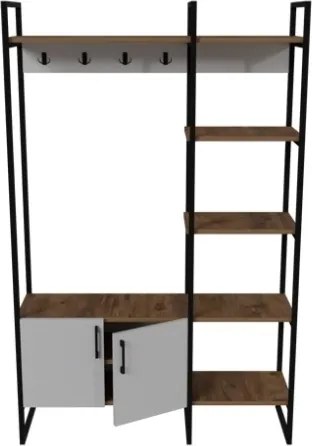 Mobile Ingresso Industrial 120x34x180 Con Scarpiera Appendiabiti E Ripiani Yago Bianco E Rovere