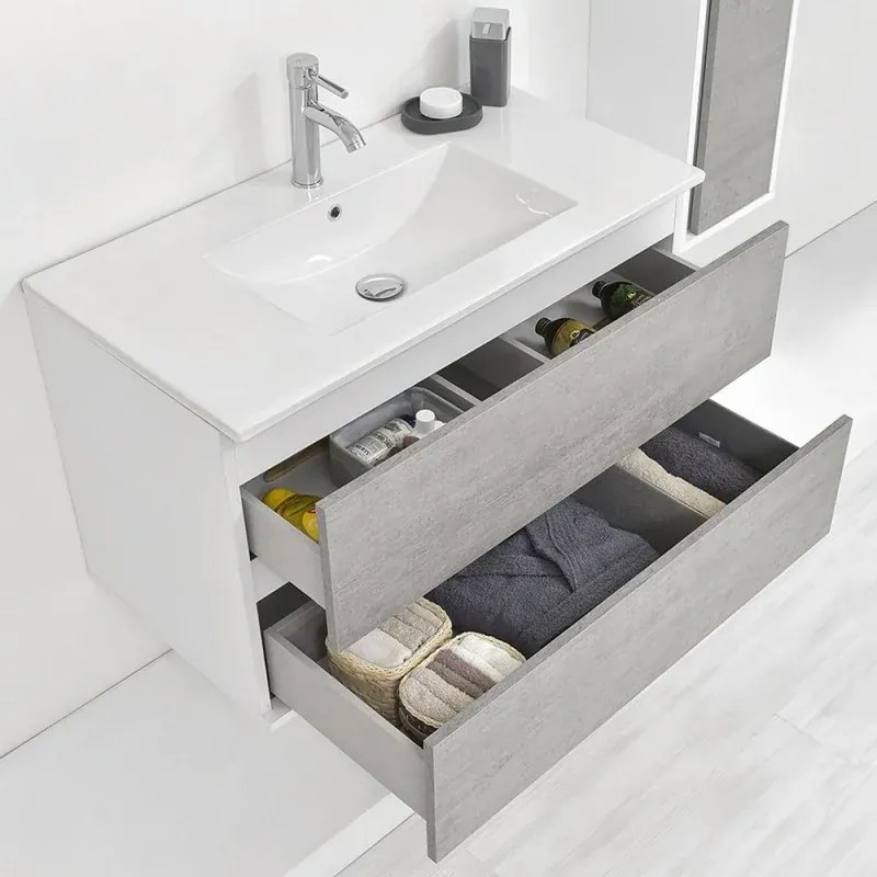 Mobile bagno sospeso 90 cm Duble grigio industrial completo di lavabo e specchio