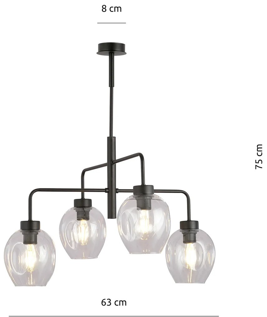 Lampadario Moderno 4 Luci Auriga In Accaio Nero E Vetro Trasparente