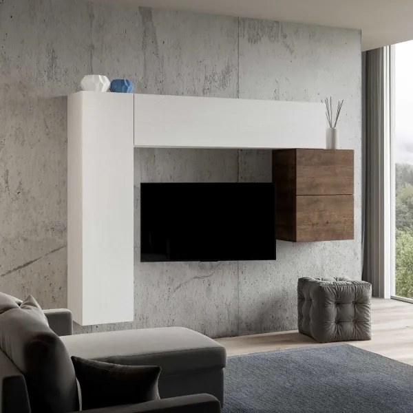 Parete da soggiorno Isoka A25 L.204 H.174 P.39,5 Bianco e Noce