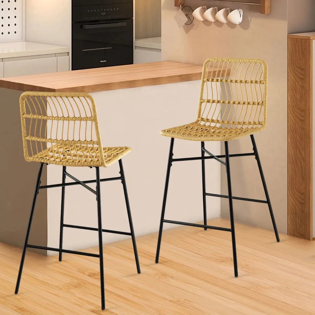 Set 4 Sgabelli Da Bar In Rattan E Legno Massello - Beige/Lino - Altezza 66 Cm Con Schienale Curvo - Per Isola Cucina E Bancone - 4
