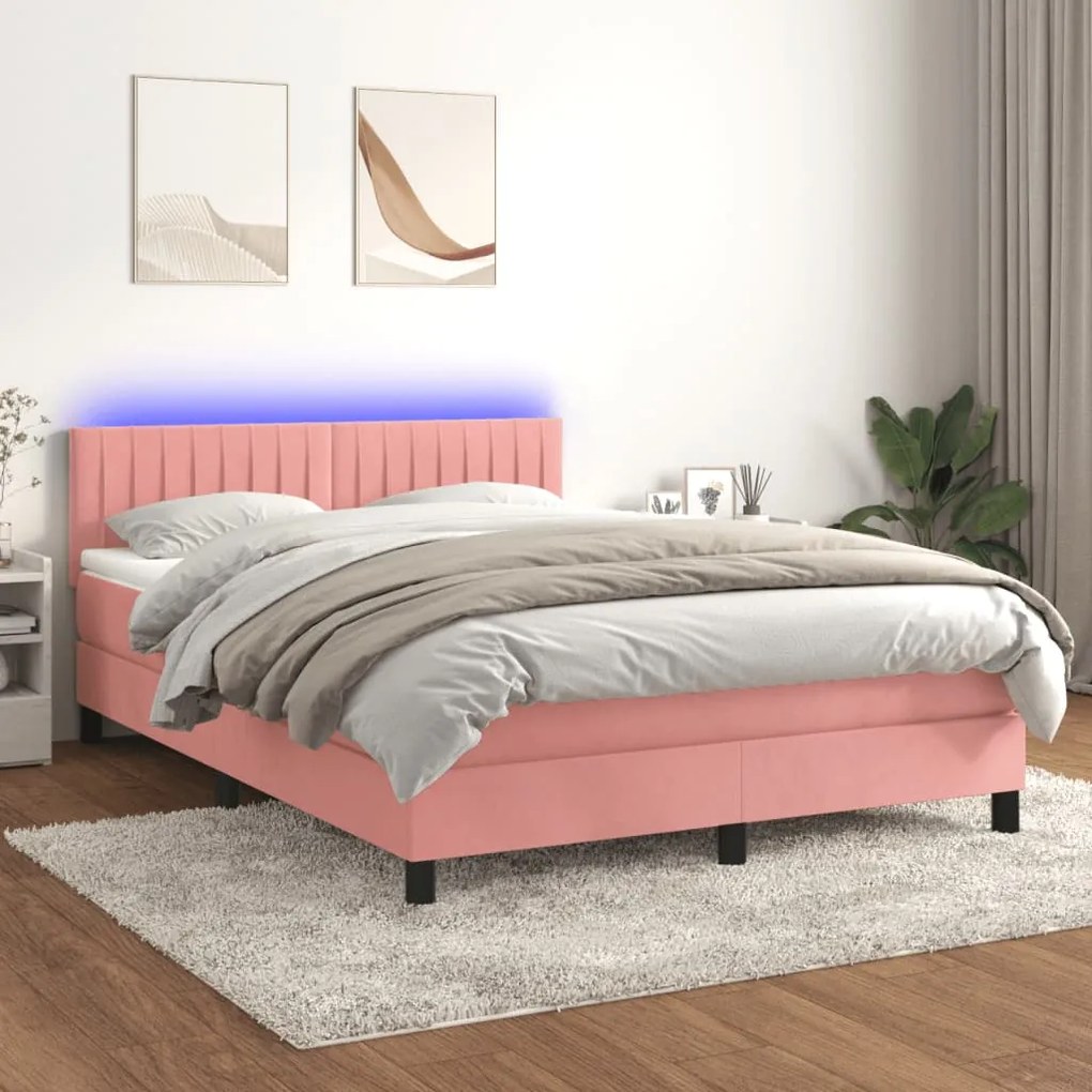 Letto A Molle Con Materasso E Led Rosa 140x200 Cm İn Velluto /