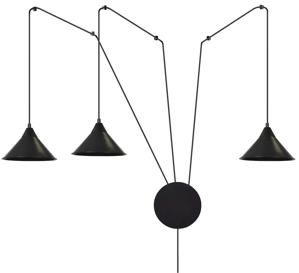 Sospensione Minimal 3 Luci Fujin In Acciao Nero E Paralume A Cono