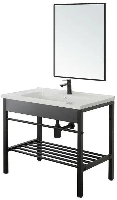 Mobile bagno a terra 80 cm stile industrial nero opaco con specchio Borg