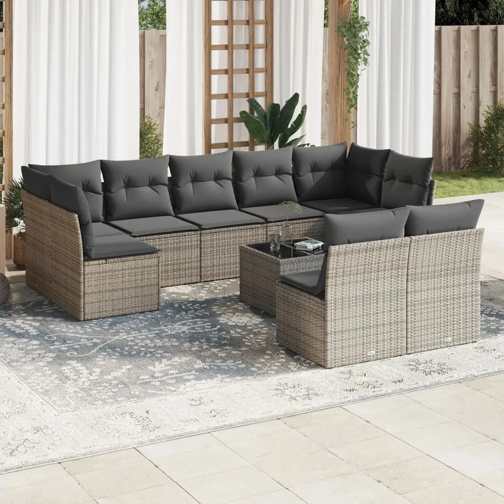 Set divano da giardino 10 pz con cuscini grigio in polyrattan