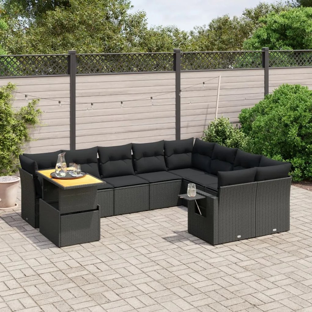 Set divani da giardino 10pz con cuscini in polyrattan nero