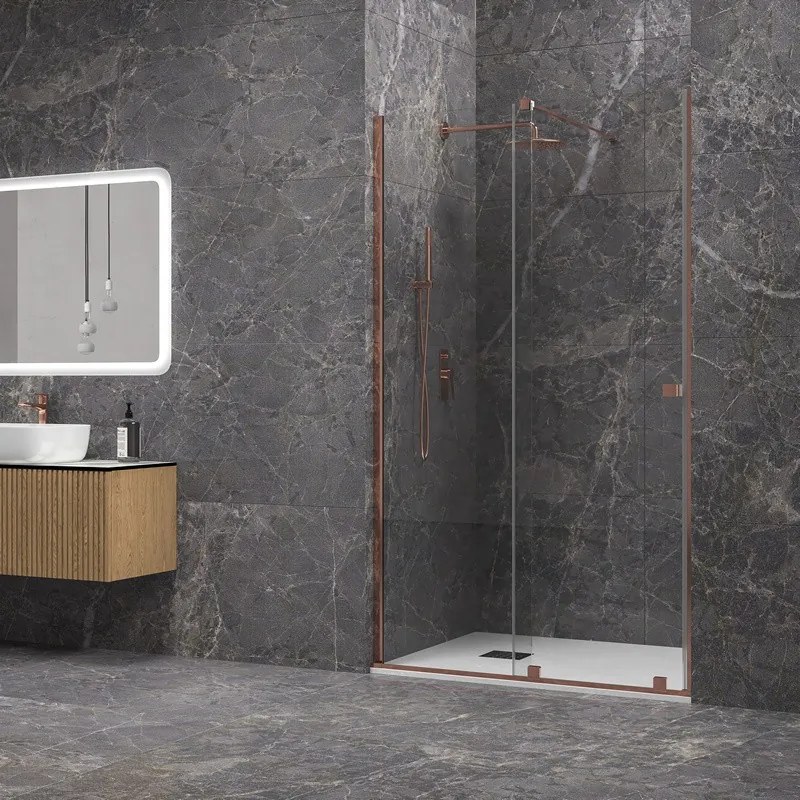 Kamalu - Doccia nicchia scorrevole 140 cm senza telaio color oro rosa | KNM4000GR