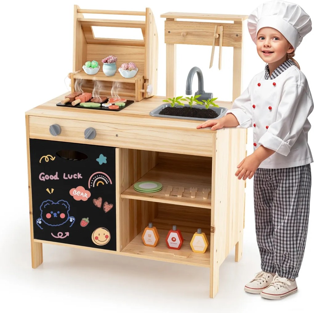 Costway Griglia da gioco in legno con cibo da gioco, Set da cucina Immaginario con cibo da gioco Naturale