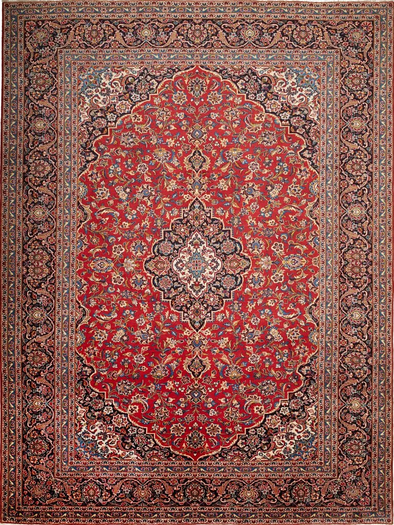 Kashan Tappeto 390x290 Blu (Iran) Annodato A Mano