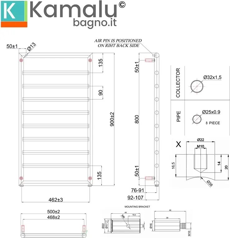 Scaldasalviette nero 900x500mm interasse 462 mm KAM-D7009N - KAMALU