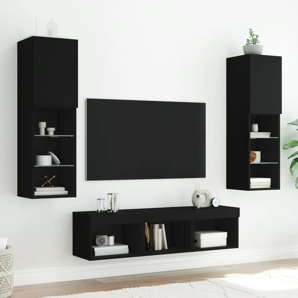 Mobili tv a muro con led 5pz neri in legno multistrato