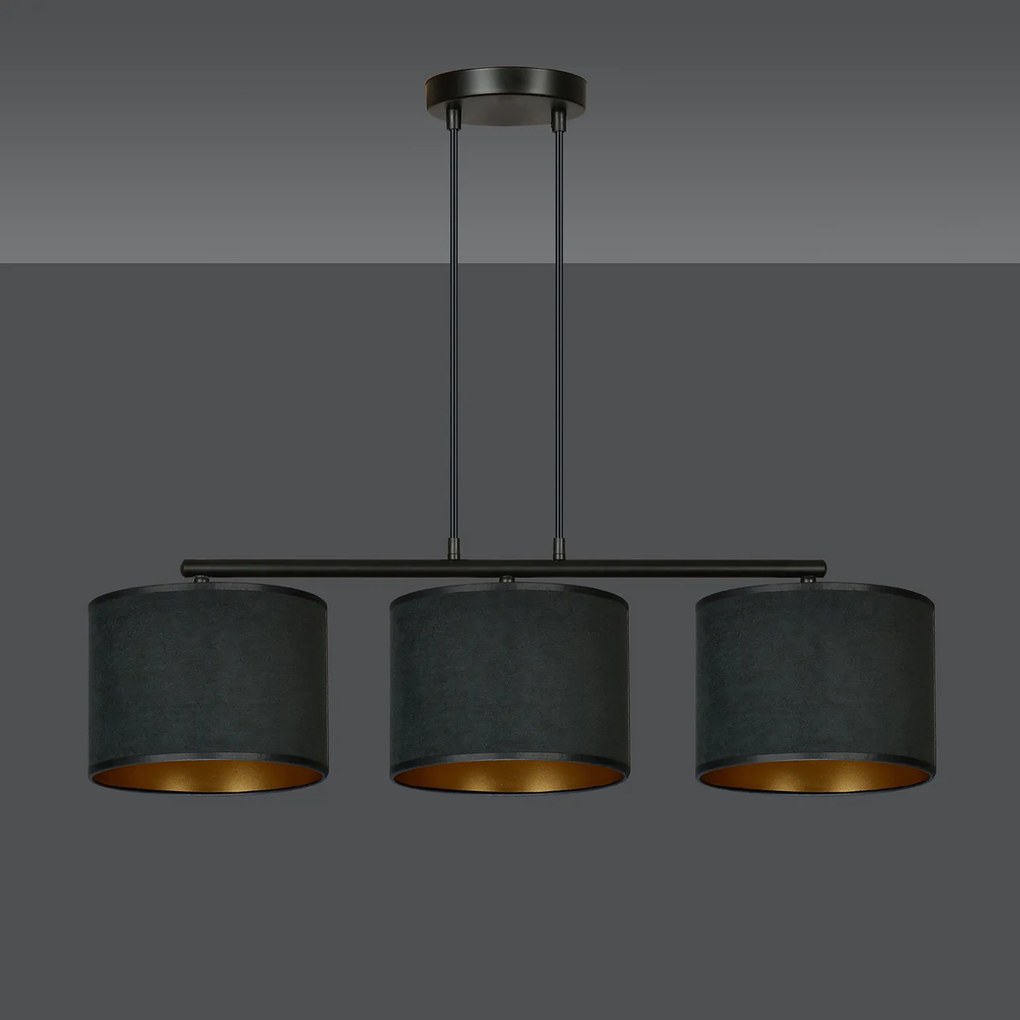 Lampadario 3 Luci Ganesha In Acciaio Nero E Paralumi In Tessuto Nero