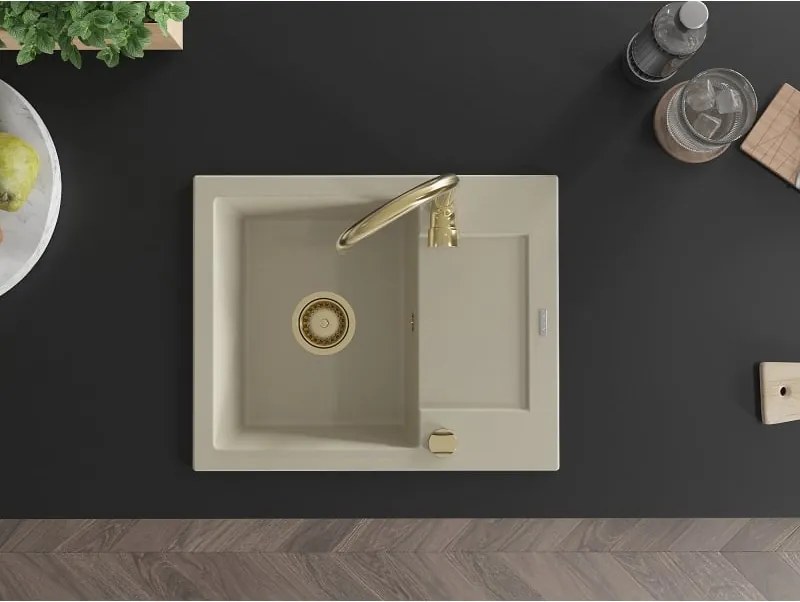 Mexen Enzo lavello da cucina in granito, 1 vasca con gocciolatoio e miscelatore Telma, beige - 6506-69-670200-50