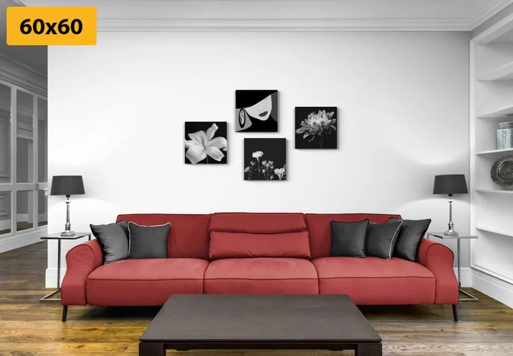 Set di quadri – Eleganza femminile e fiori in bianco e nero