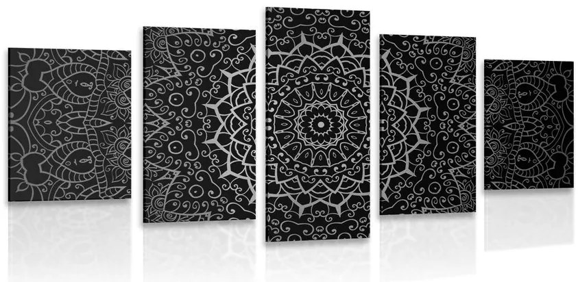 Quadri 5 pezzi – Mandala vintage in stile indiano in bianco e nero