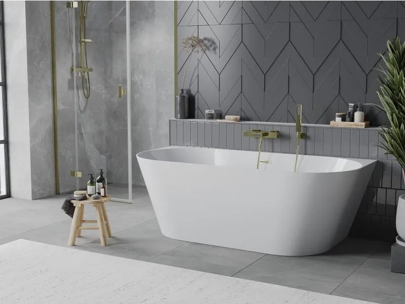 Mexen Oval Slim vasca da bagno freestanding a parete 170 x 80 cm, bianca, troppopieno oro spazzolato - 52661708000-55