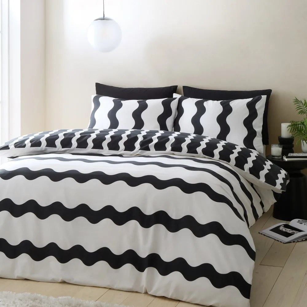 Set copripiumino e federa bianco e nero per letto matrimoniale e per letto esteso 230x220 cm Waves – Sassy B