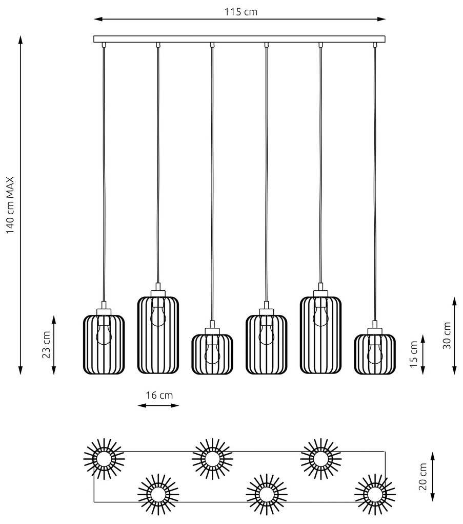 Sospensione Minimal Industrial Vander 6 Luci Lineari Nera