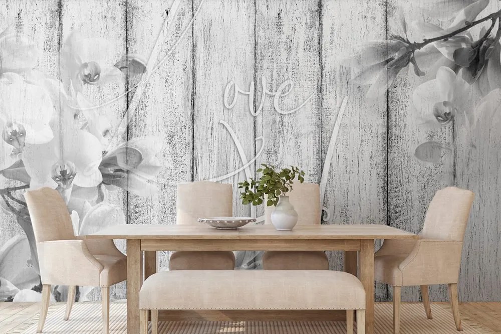Carta da parati – Natura in Bianco e Nero con Scritta - Love begins at home