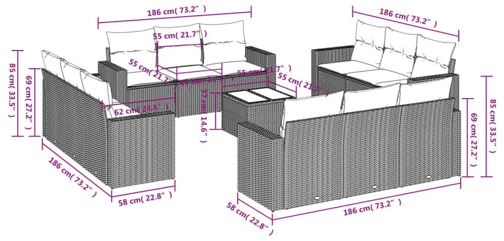 Set divani da giardino 13pz con cuscini nero in polyrattan