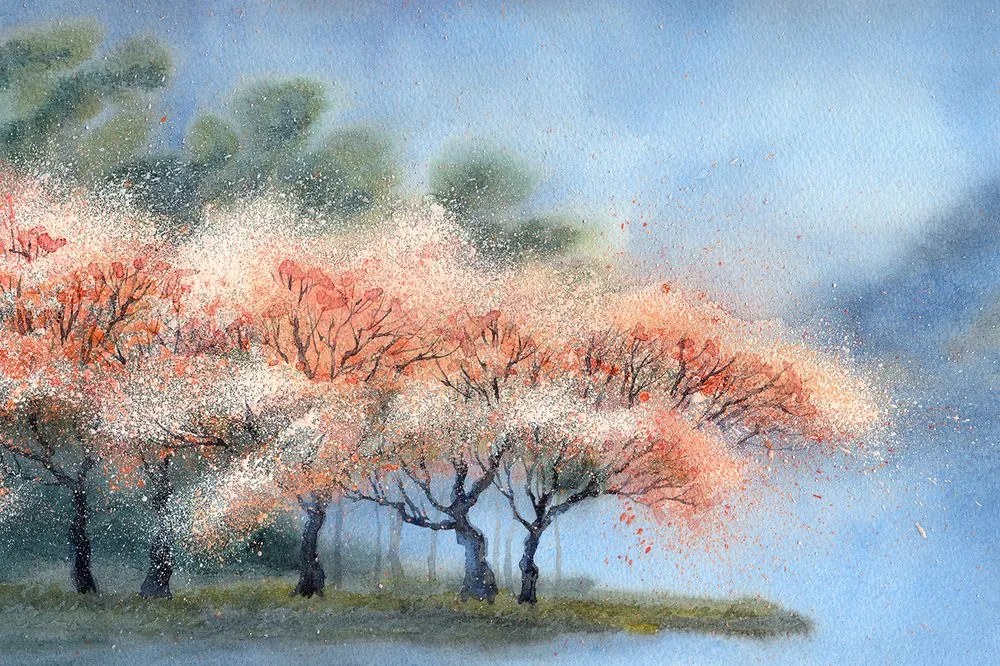 Carta da parati autoadesiva – Alberi in fiore ad acquerello